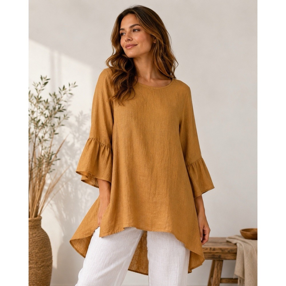 NWT Crown Linen Designs 100% Linen Tunic Top L Sleeve Boho Coastal Camel Mustard